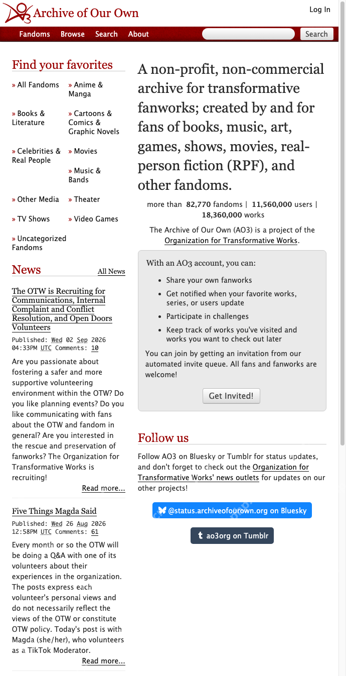 AO3官方网站登录入口 AO3 Archive of Our Own官网首页链接配图